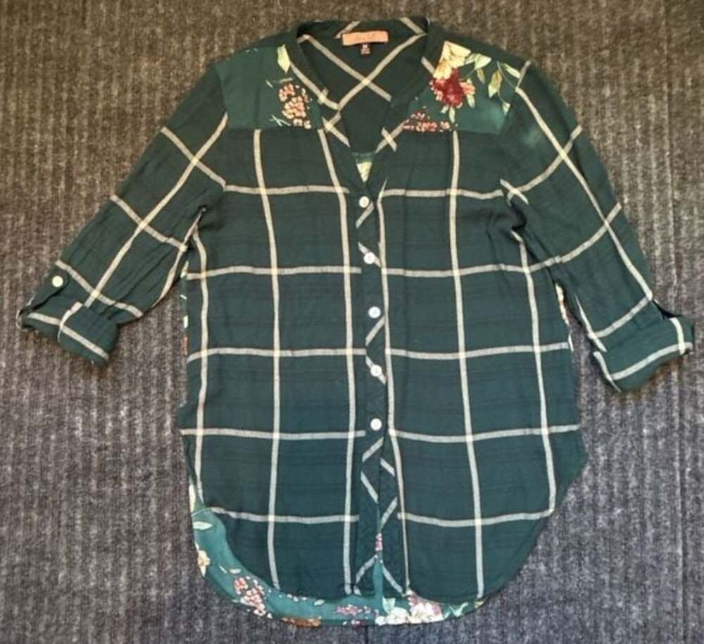 Olive Hill Green Plaid Floral Print Roll Tab Sleeve Button-Up Shirt
